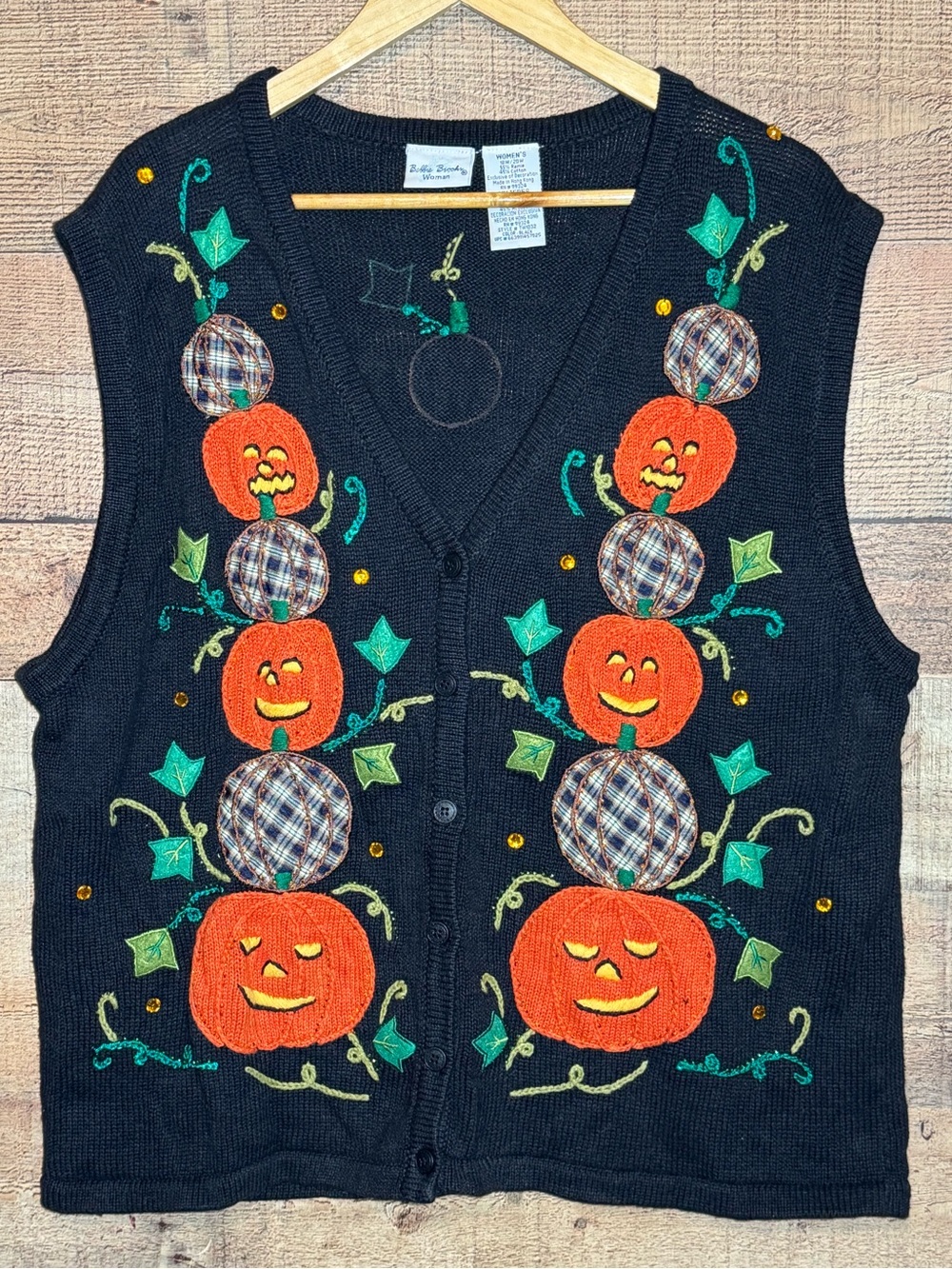Vintage 90s Bobbie Brooks Halloween Pumpkin Sweater Vest Plus 18W 20W Beaded GUC